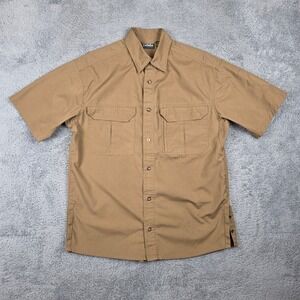 Cabelas Safari Shirt Mens M Tan Short Sleeve Canvas Pearl Snap Tactical Utility